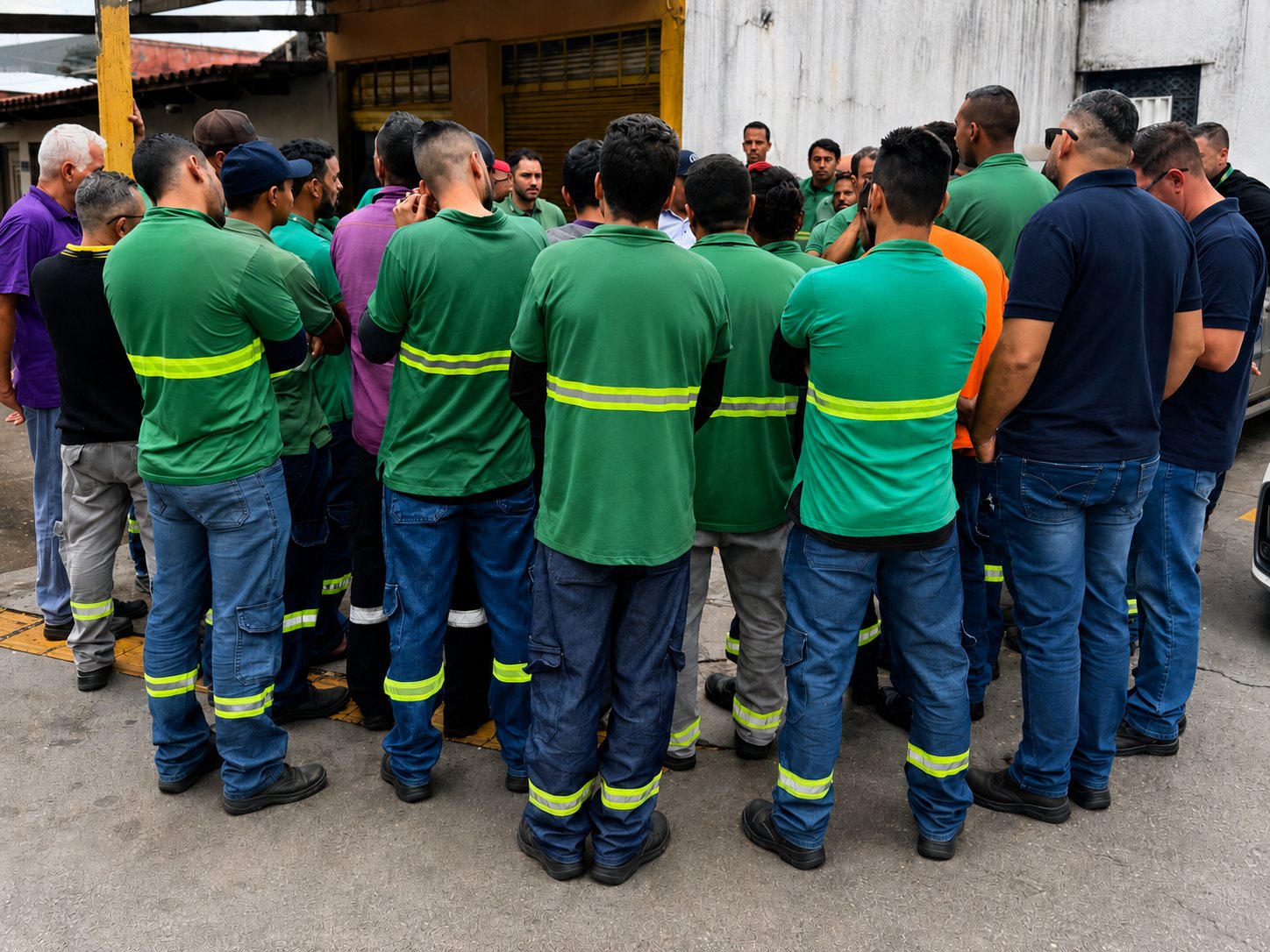 Trabalhadores de campo reunidos em assembleia, de uniforme com faixas refletivas