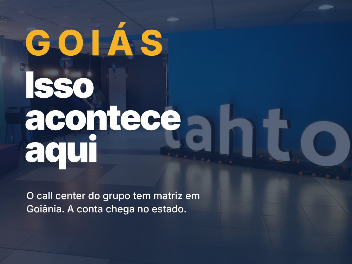 Saguão da Tahto em Goiânia, com o letreiro da empresa, e a frase: isso acontece aqui