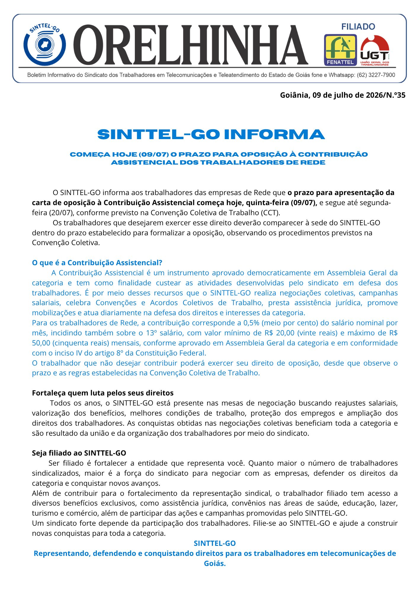 Orelhinha nº 35 — SINTTEL-GO Informa — Goiânia, 09 de julho de 2026
